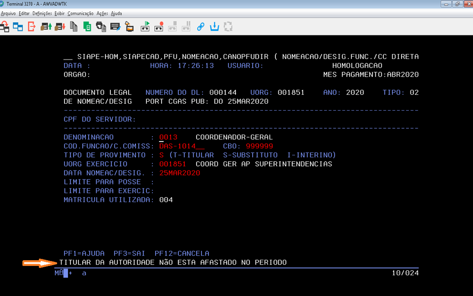 Transação CANOPFUDIR mostrando que o titular não está afastado