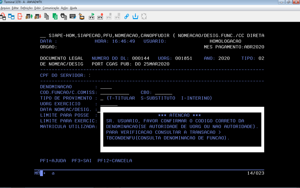 Transação CANOPFUDIR para cadastrar o substituto