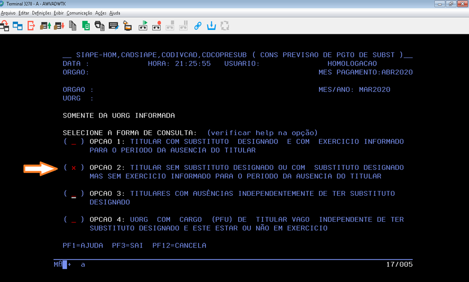 Transação CDCOPRESUB com a seleção da opção 2