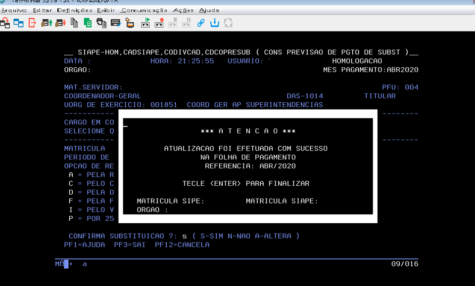 Transação CDCOPRESUB confirmando a integração com o SIAPE
