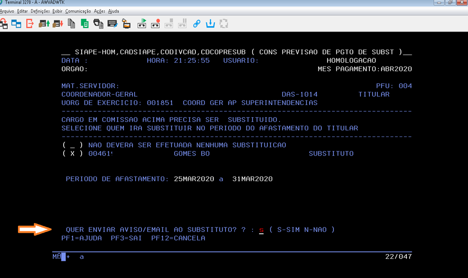 Transação CDCOPRESUB para enviar o e-mail ao substituto