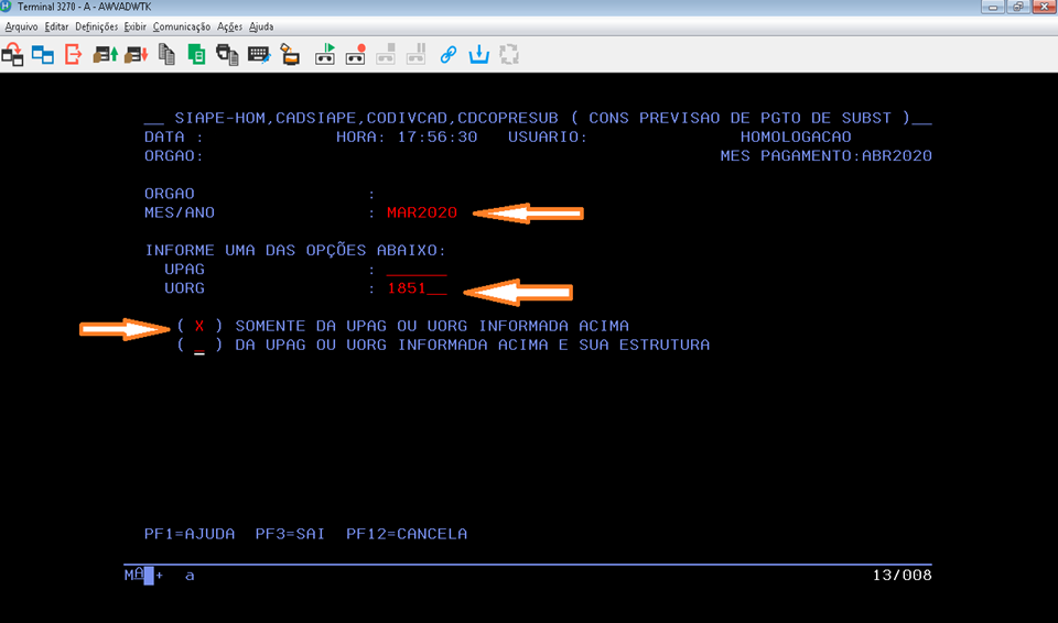 Transação CDCOPRESUB para escolha de mês-ano e UORG