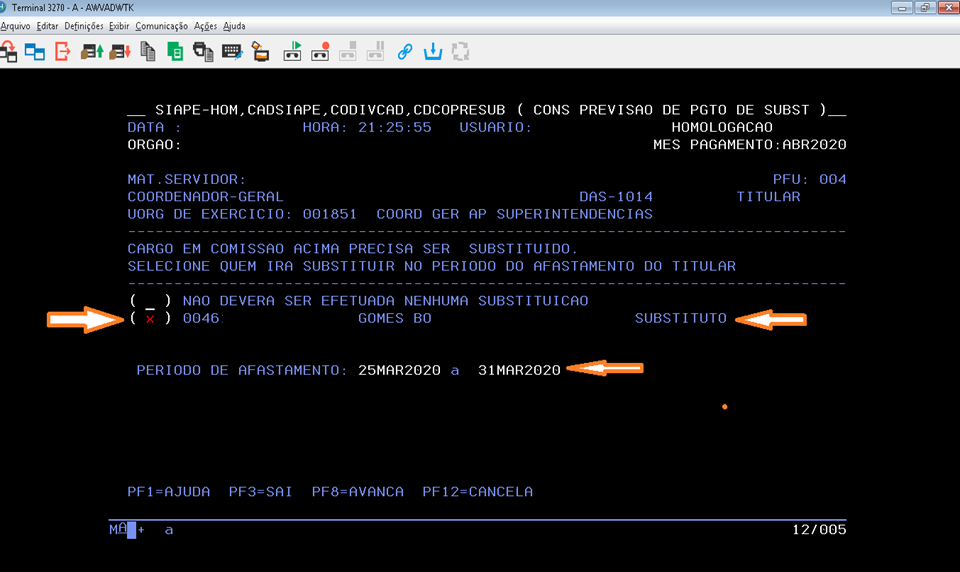 Transação CDCOPRESUB para escolha do nome do substituto
