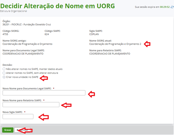 Decidir alteração de nome em UORG