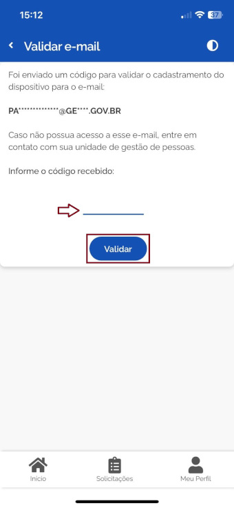 Tela Validar E-mail