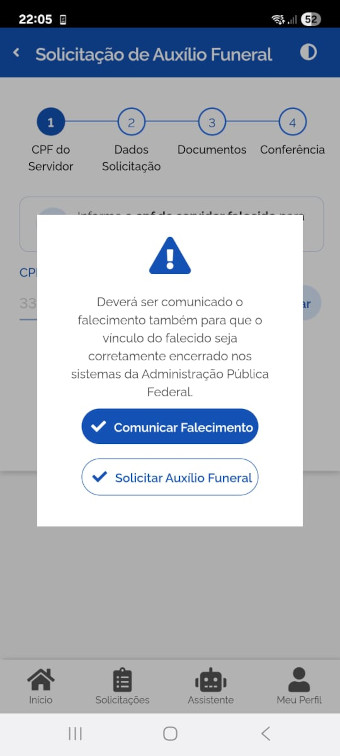 Tela alerta Comunicação de Falecimento