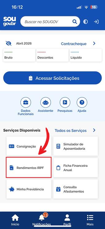 Tela inicial - Serviços Disponíveis