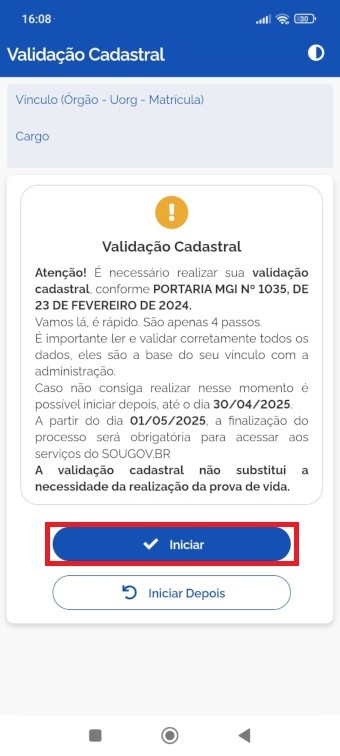 Tela Iniciar Validação Cadastral