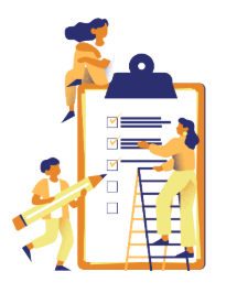 Desenho de três pessoas organizando uma lista de tarefas