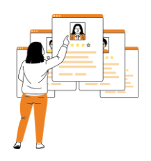 Desenho de uma mulher escolhendo um ficha de uma pessoa entre várias fichas