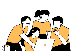 Desenho de quatro pessoas em uma reunião online