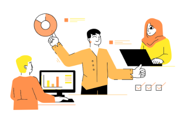 Desenho de três pessoas analisando dados