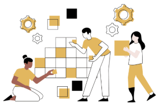 Desenho de três pessoas construindo um quebra-cabeças