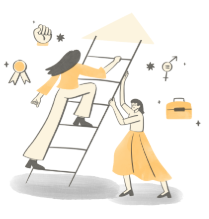 Desenho de duas mulheres subindo uma escada simbolizando empoderamento