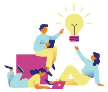 Desenho de três pessoas construindo um quebra-cabeças