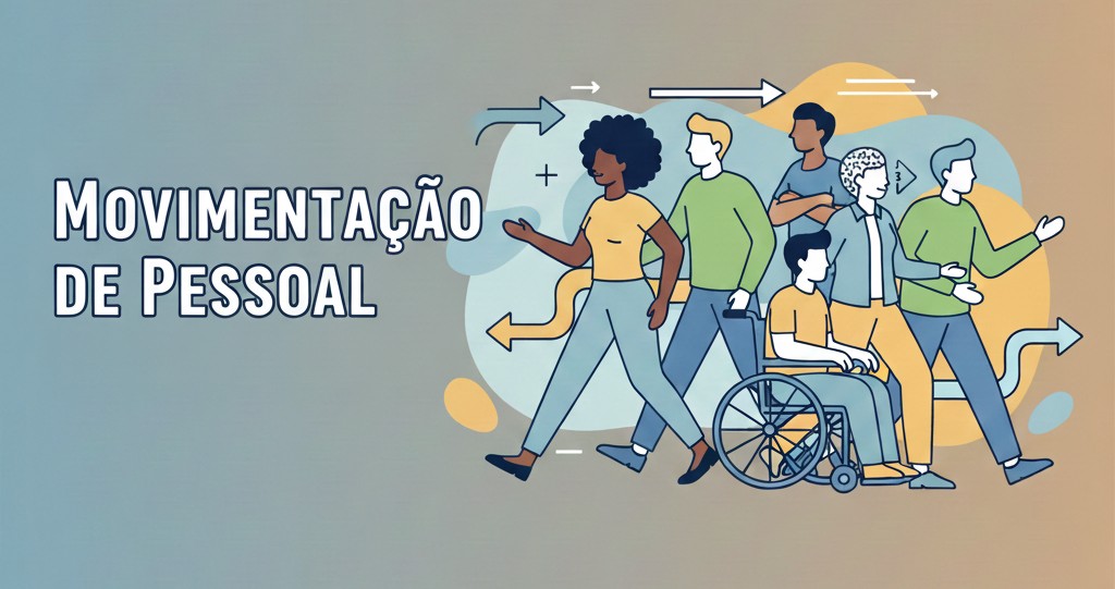Desenho em 3D de cerca de 15 pessoas, entre as quais homens e mulheres pretas, pessoa cega, pessoa deficiente física com a frase Movimentação de Pessoal em destaque, simbolizando a acessibilidade
