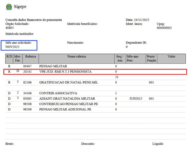 Contracheque de pensionista militar com VPE judicial
