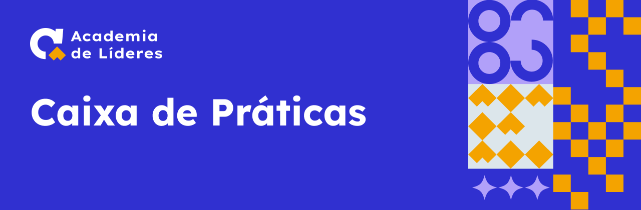Imagem com fundo azul. À esquerda, há o logotipo da “Academia de Líderes”, composto por uma letra C estilizada em branco com detalhes em amarelo, acompanhado do texto “Academia de Líderes”. No centro da imagem, em destaque, está o título “Caixa de Práticas” em letras grandes e brancas. À direita, há um bloco de elementos gráficos geométricos nas cores azul, amarelo e branco.
