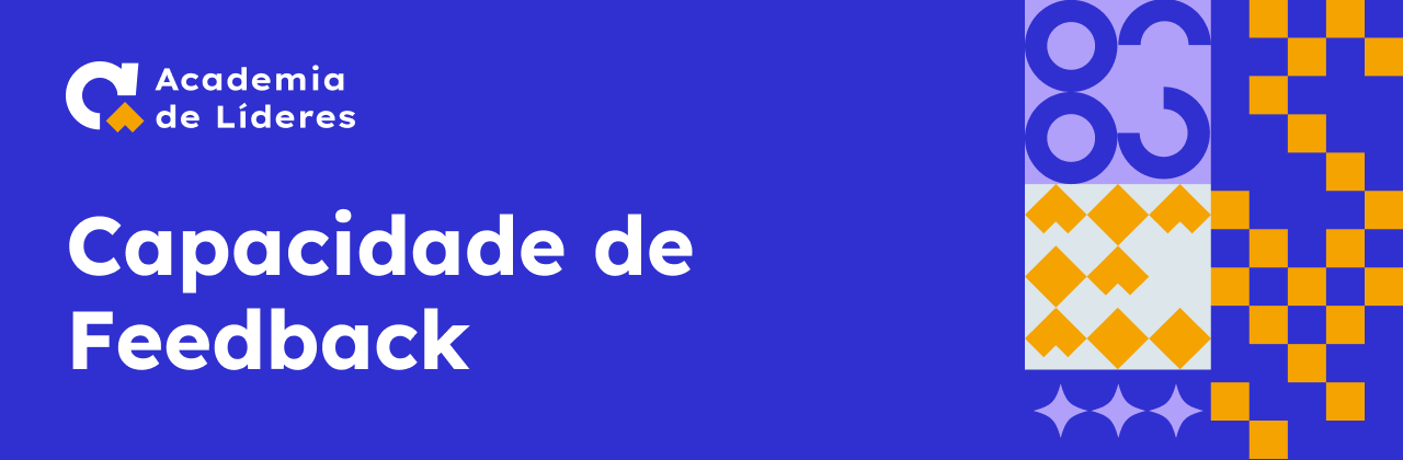 Imagem com fundo azul. À esquerda, há o logotipo da “Academia de Líderes”, composto por uma letra C estilizada em branco com detalhes em amarelo, acompanhado do texto “capacidade de feedback”. No centro da imagem, em destaque, está o título “Caixa de Práticas” em letras grandes e brancas. À direita, há um bloco de elementos gráficos geométricos nas cores azul, amarelo e branco.