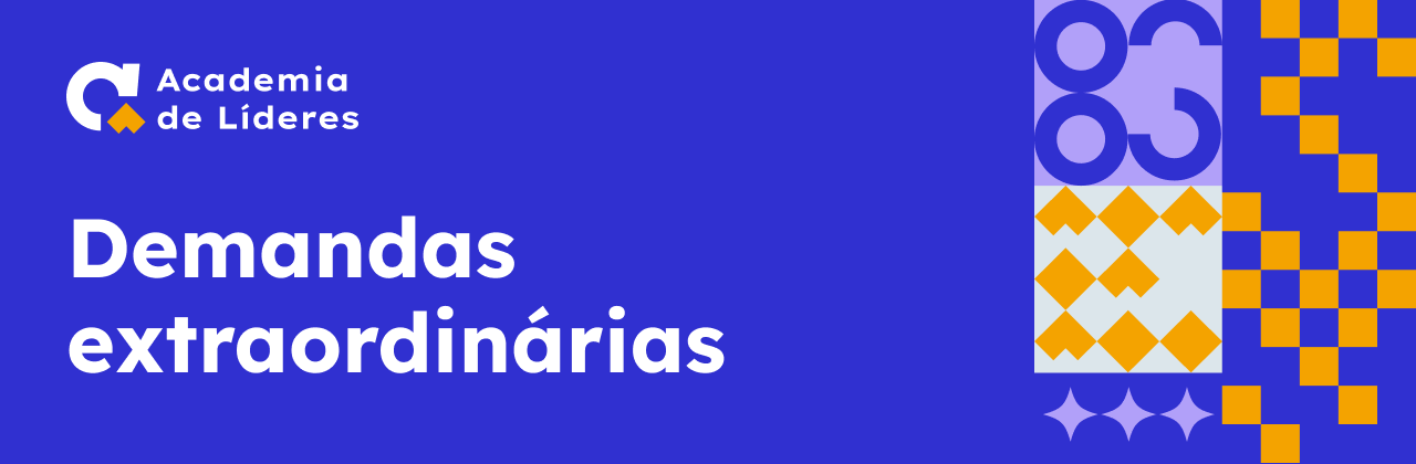 Imagem com fundo azul. À esquerda, há o logotipo da “Academia de Líderes”, composto por uma letra C estilizada em branco com detalhes em amarelo, acompanhado do texto “capacidade de feedback”. No centro da imagem, em destaque, está o título “Demandas Extraordinárias” em letras grandes e brancas. À direita, há um bloco de elementos gráficos geométricos nas cores azul, amarelo e branco.