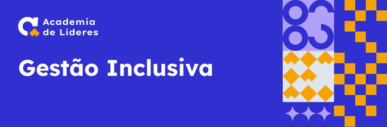 Imagem com fundo azul. À esquerda, há o logotipo da “Academia de Líderes”, composto por uma letra C estilizada em branco com detalhes em amarelo, acompanhado do texto “Gestão Inclusiva”. No centro da imagem, em destaque, está o título “Caixa de Práticas” em letras grandes e brancas. À direita, há um bloco de elementos gráficos geométricos nas cores azul, amarelo e branco.