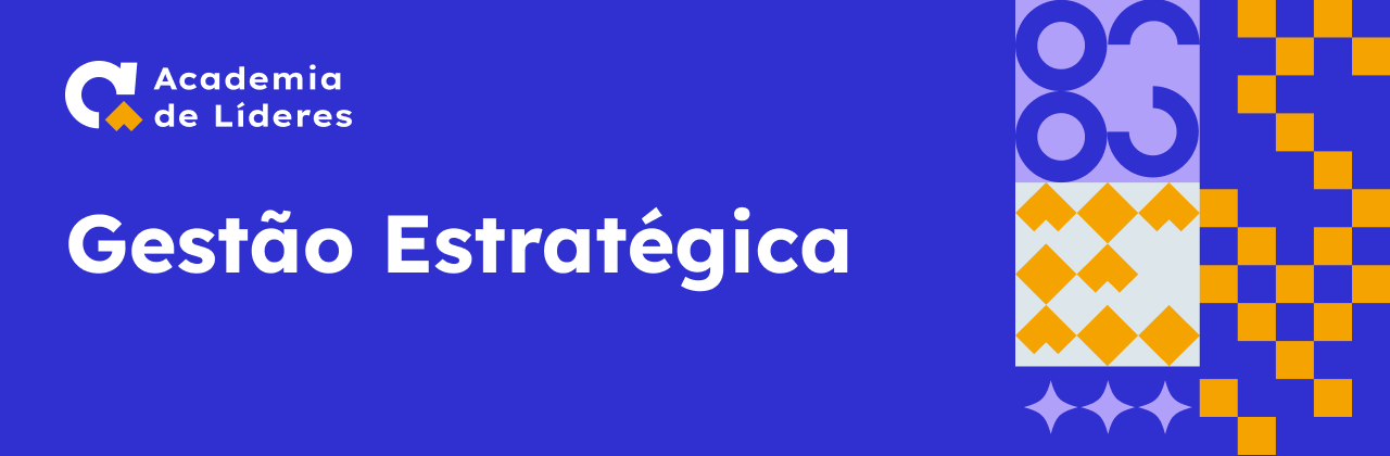 Imagem com fundo azul. À esquerda, há o logotipo da “Academia de Líderes”, composto por uma letra C estilizada em branco com detalhes em amarelo, acompanhado do texto “Gestão Estratégica”. No centro da imagem, em destaque, está o título “Caixa de Práticas” em letras grandes e brancas. À direita, há um bloco de elementos gráficos geométricos nas cores azul, amarelo e branco.