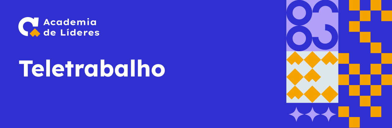Imagem com fundo azul. À esquerda, há o logotipo da “Academia de Líderes”, composto por uma letra C estilizada em branco com detalhes em amarelo, acompanhado do texto “Teletrabalho”. No centro da imagem, em destaque, está o título “Demandas Extraordinárias” em letras grandes e brancas. À direita, há um bloco de elementos gráficos geométricos nas cores azul, amarelo e branco.