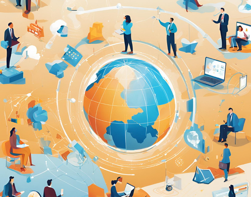 ilustração de diversas pessoas trabalhando aleatoriamente como se estivessem pegando informações do ar, vindo do planeta Terra representado no centro da imagem