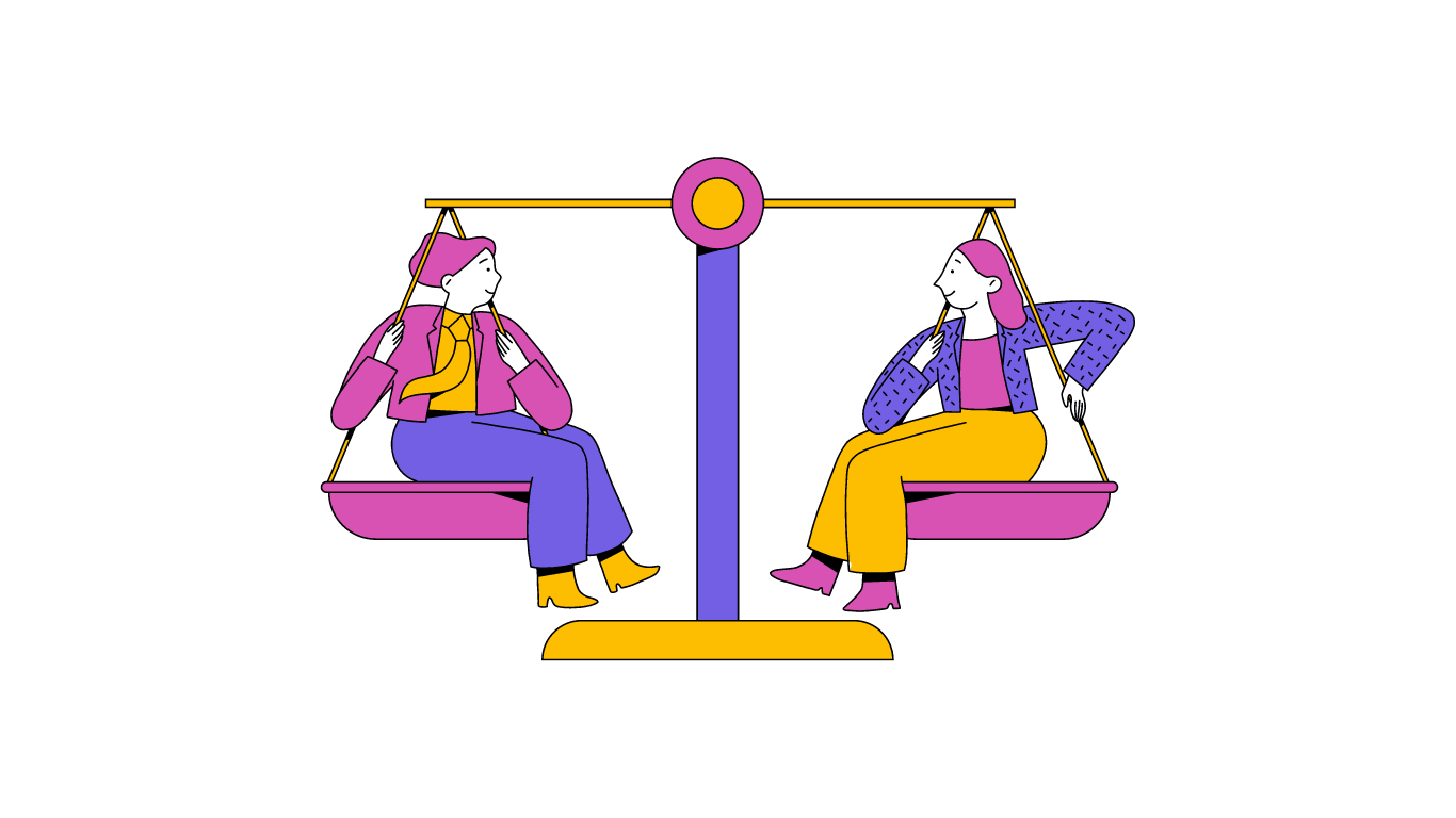 Illustration of two women sitting on a seesaw, facing each other.