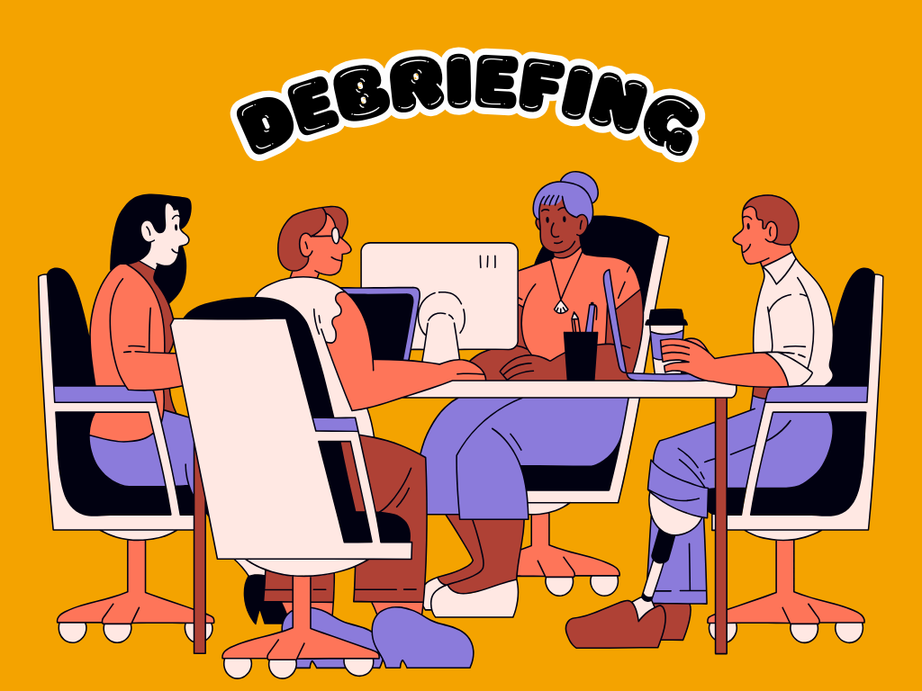 Illustration of 4 persons talking seated in a table.