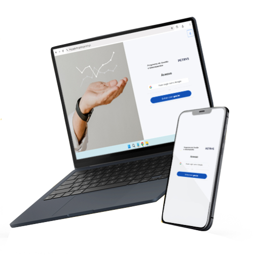 Imagem com um notebook e um smartphone mostrando a tela de login do Petrvs