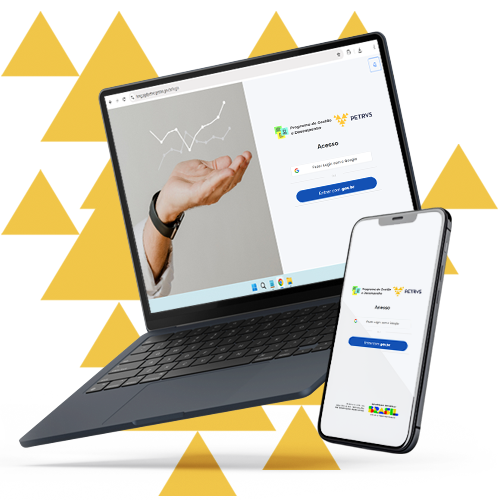 Imagem com um notebook e um smartphone mostrando a tela de login do Petrvs