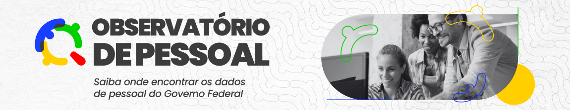 Três pessoas no trabalho olhando para o computador. Texto: Observatório de pessoal. Saiba onde encontrar os dados de pessoal do governo federal.