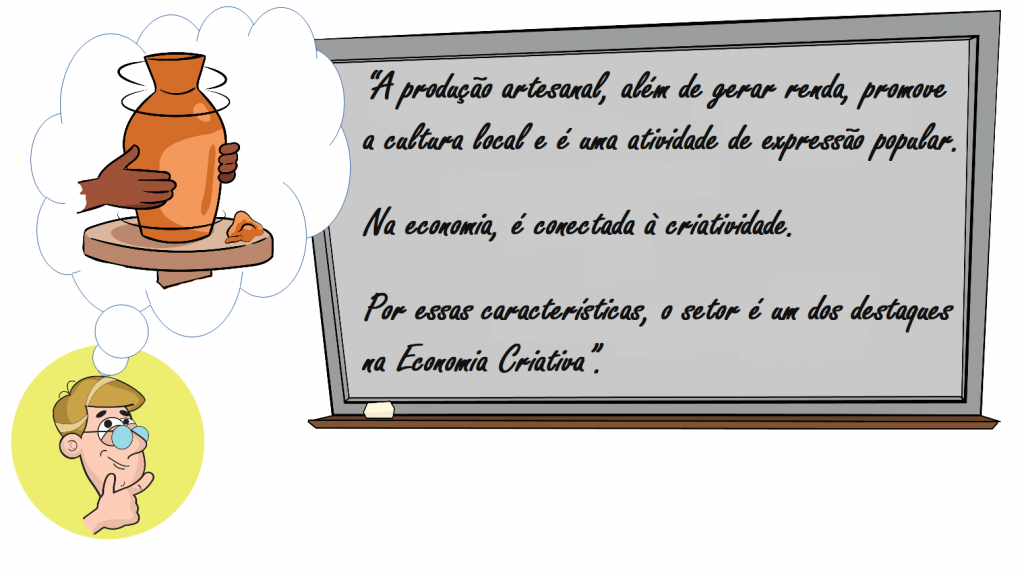 Imagem do Professor Export olhando pensativamente para um quadro negro onde estão escritas as frases: a produção artesanal, além de gerar renda, promove a cultura local e é uma atividade de expressão popular, na economia é conectada à criatividade, por essas características o setor é um destaque na Economia Criativa.