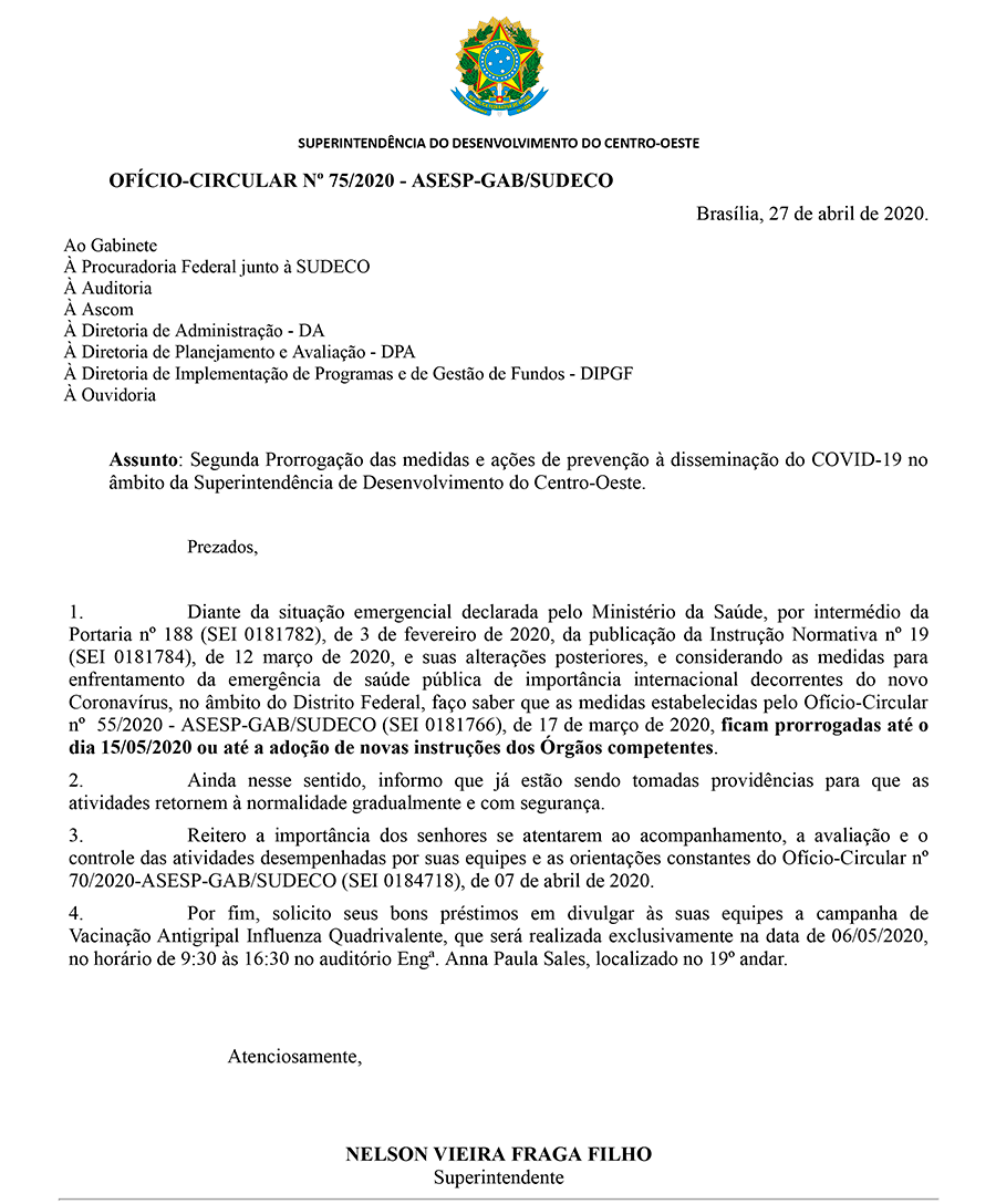 OFÍCIO-CIRCULAR Nº 75/2020 - ASESP-GAB/SUDECO