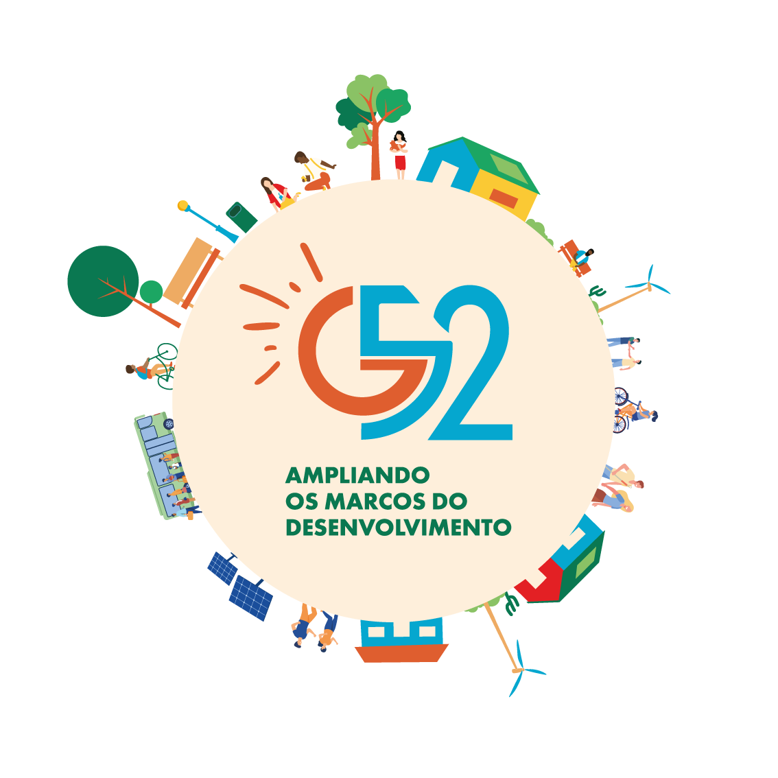 Marca do G52. Há uma letra G acompanhada do número 52 dentro de um círculo. Ao redor, elementos de uma cidade.