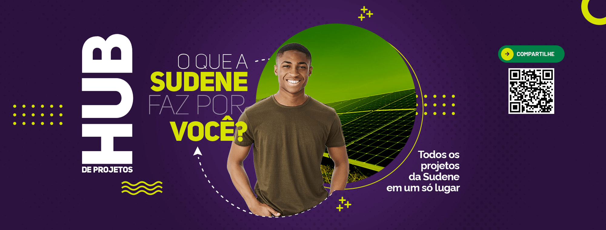 Imagem com um homem na frente de um parque de energia solar. Ao lado, um box com o título: o que a Sudene faz por você?