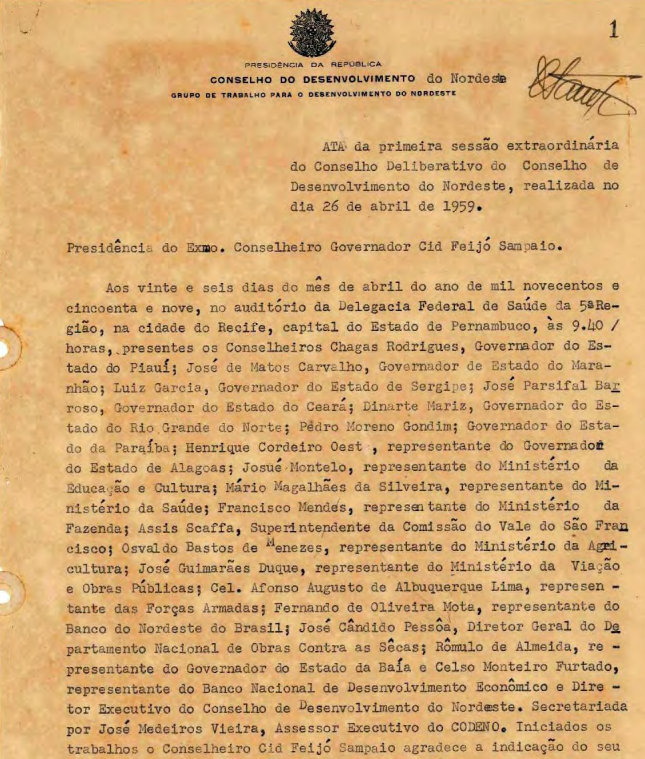 Foto da ata da primeira reunião extraordinária do Conselho Deliberativo da Sudene, ocorrida em 1959.