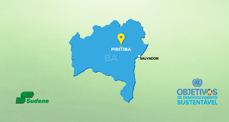 Mapa da Bahia na cor azul (em um fundo verde claro), com a indicação dos municípios de Piritiba e Salvador. Dos lados esquerdo e direito (inferior) constam as marcas da Sudene e do ODS, respectivamente.