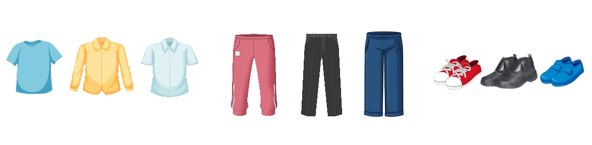 Desenho com exemplos das roupas e acessórios que são permitidos nas visitas às empresas do Zona Franca de Portas Abertas. Existem três grupos de objetos. No primeiro grupo de objetos estão camisetas e camisas com manga curta e manga longa. No segundo grupo estão calças de moleton, calças sociais e calças jeans. E no terceiro grupo estão tênis, botas de segurança e sapatos fechados de sola emborrachada.