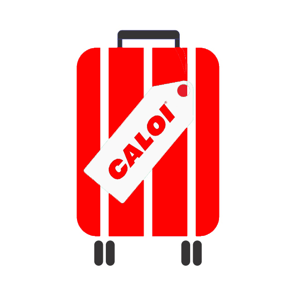 Desenho de uma mala de viagem vermelha, com alça e rodinhas pretas, com uma etiqueta com a marca da Caloi.