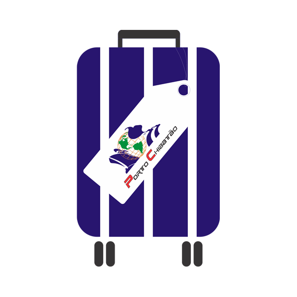 Desenho de uma mala de azul escuro, com alça e rodinhas pretas, com uma etiqueta com a marca do Chibatão.