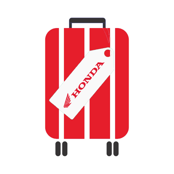 Desenho de uma mala de viagem vermelha, com alça e rodinhas pretas, com uma etiqueta com a marca da Honda.