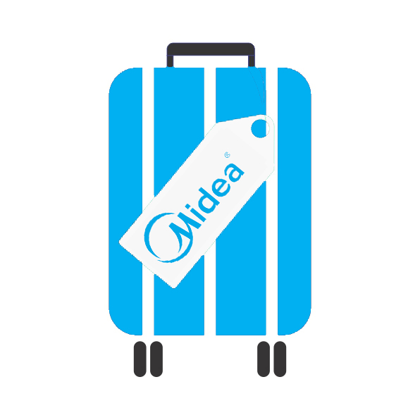 Desenho de uma mala de viagem azul clara, com alça e rodinhas pretas, com uma etiqueta com a marca da Midea.