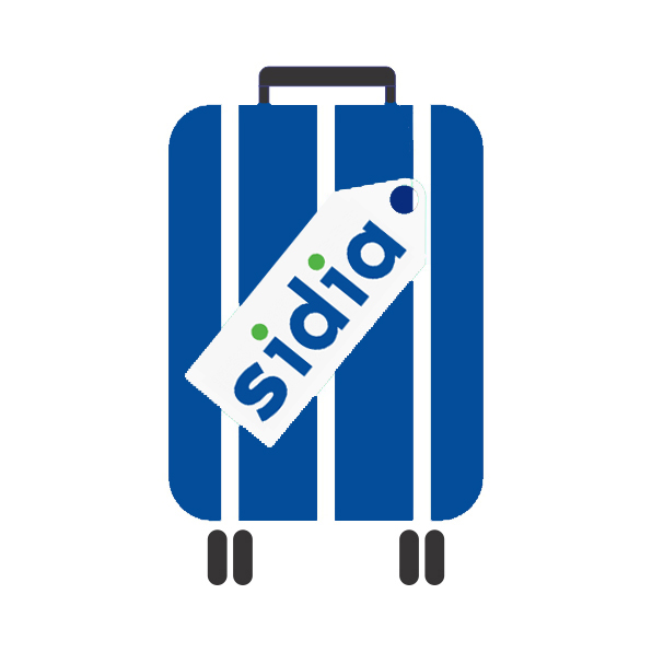 Desenho de uma mala de viagem azul escuro, com alça e rodinhas pretas, com uma etiqueta com a marca da Sidia.