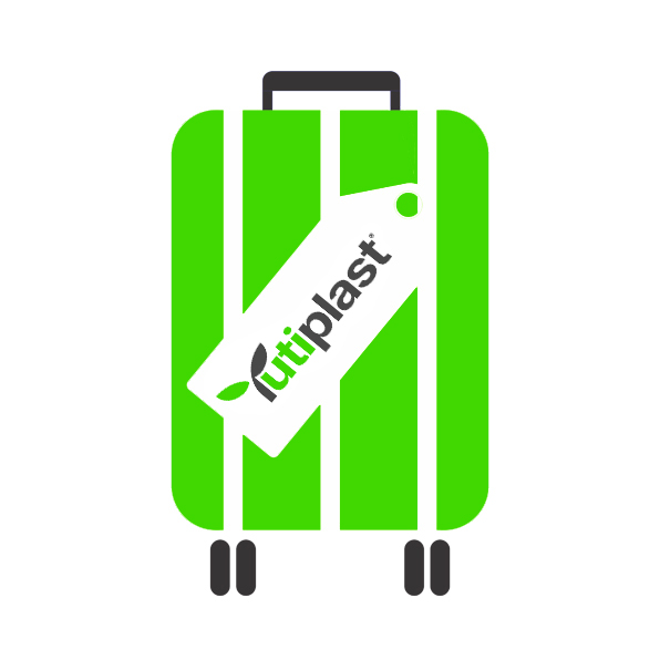 Desenho de uma mala de viagem verde fosforescente, com alça e rodinhas pretas, com uma etiqueta com a marca da Tutiplast.