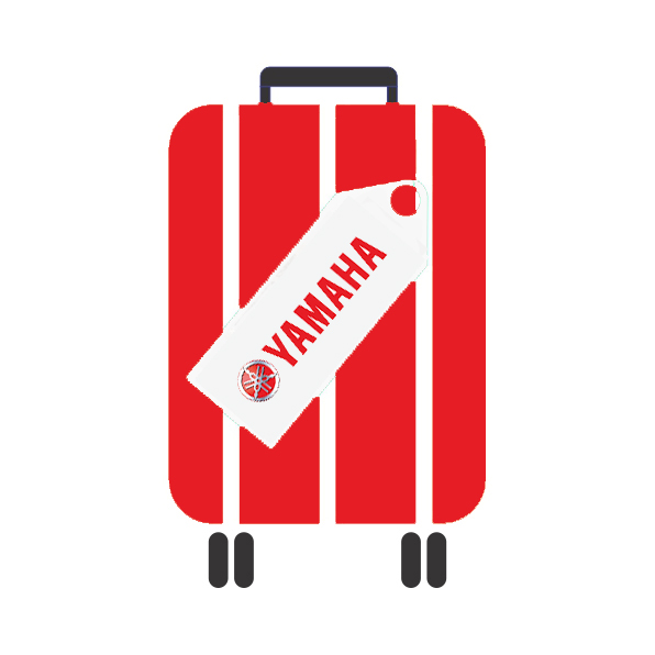 Desenho de uma mala de viagem vermelha, com alça e rodinhas pretas, com uma etiqueta com a marca da Yamaha.