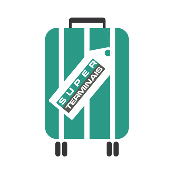 Desenho de uma mala de viagem verde, com alça e rodinhas pretas, com uma etiqueta com a marca da Super Terminais.