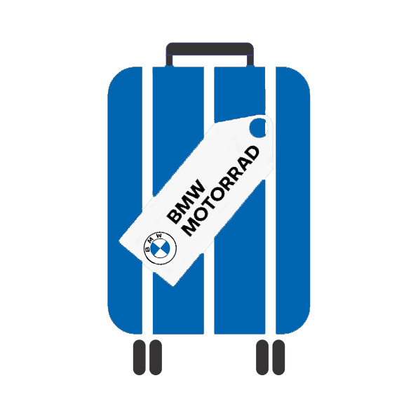 Desenho de uma mala de viagem azul, com alça e rodinhas pretas, com uma etiqueta com a marca da BMW.