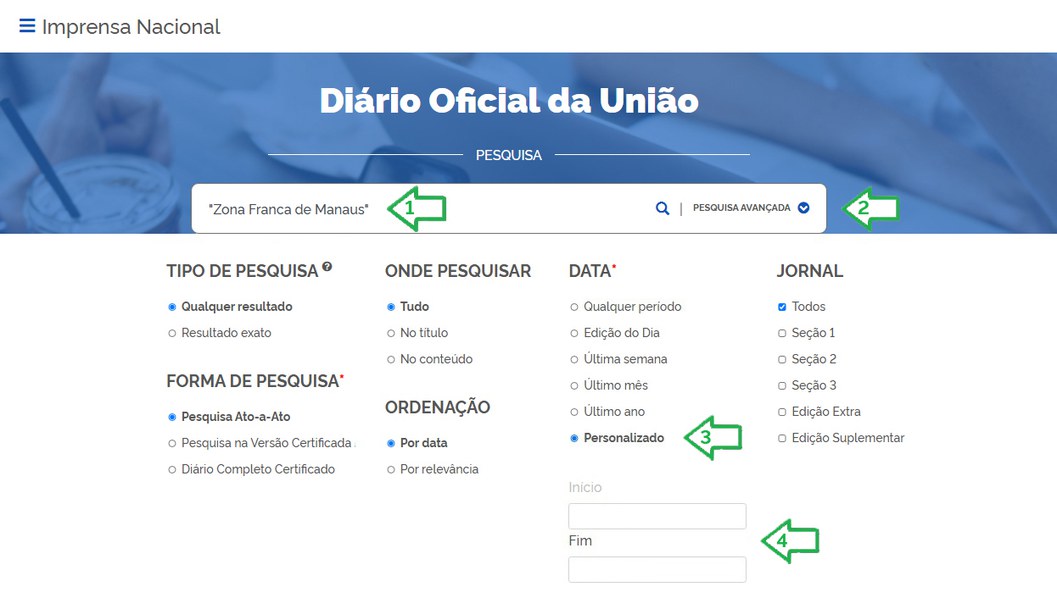 Reprodução da tela do site da Imprensa Nacional para indicar os campos a serem preenchidos